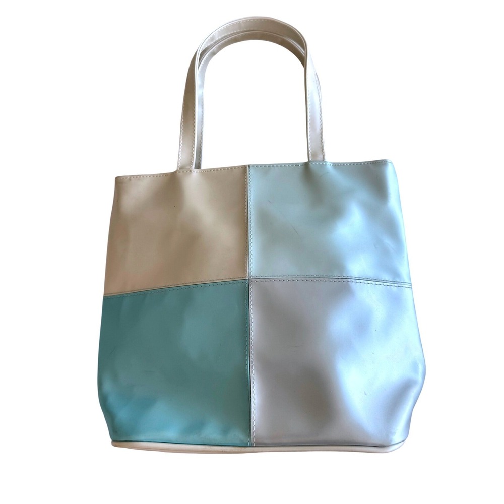 Y2K Pastel Mini Tote Bag Colorblock Blue Faux Leather Shoulder Purse Handbag